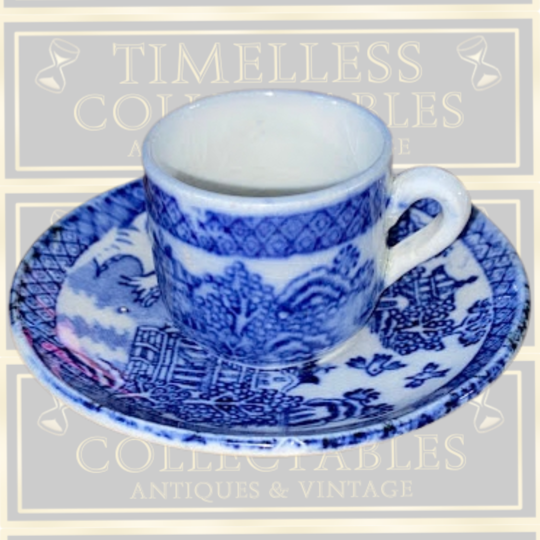 Antique Pair Demitasse Coffee Cups and Saucers Blue Willow Pattern