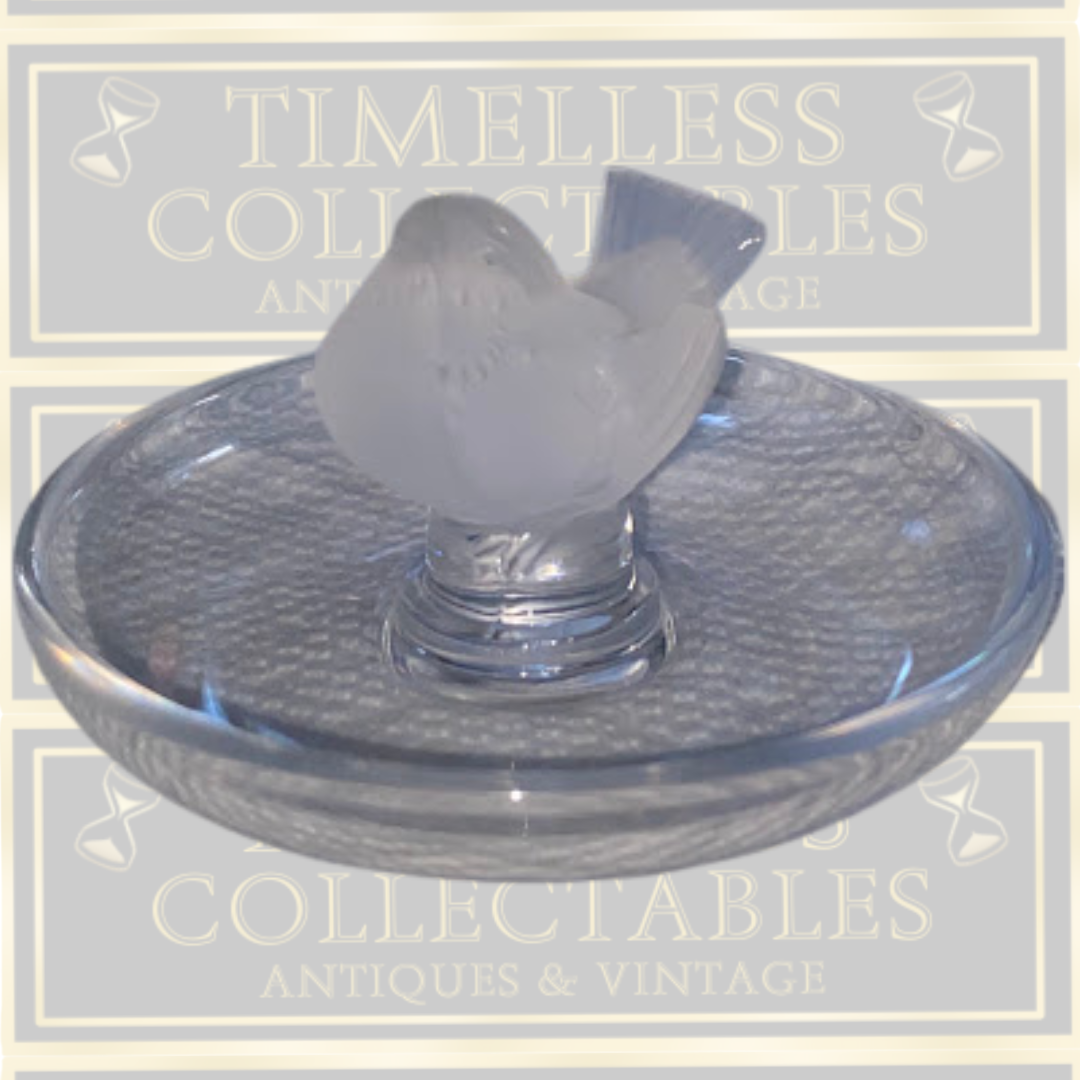 Vintage Lalique Clear & Frosted Crystal Finch Ring/Pin Tray