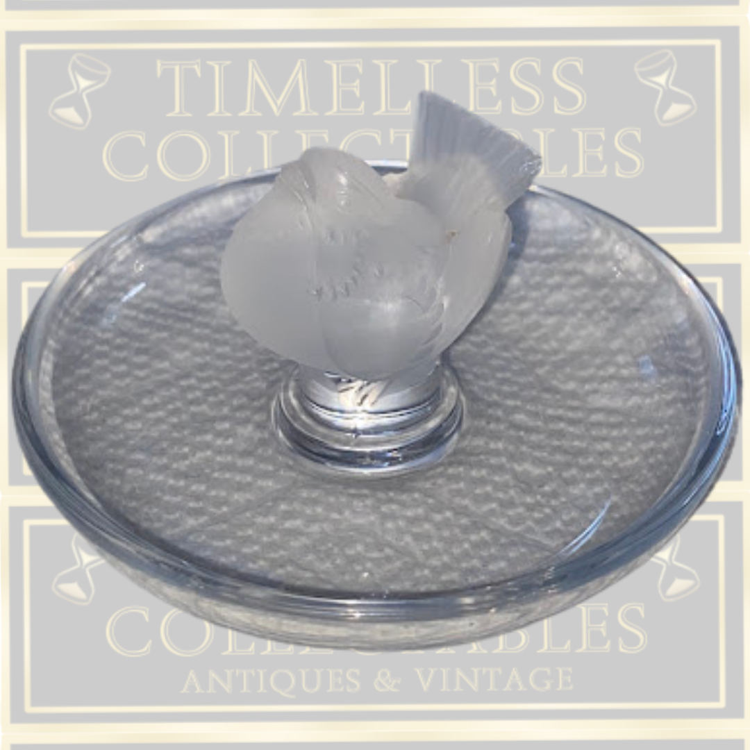 Vintage Lalique Clear & Frosted Crystal Finch Ring/Pin Tray