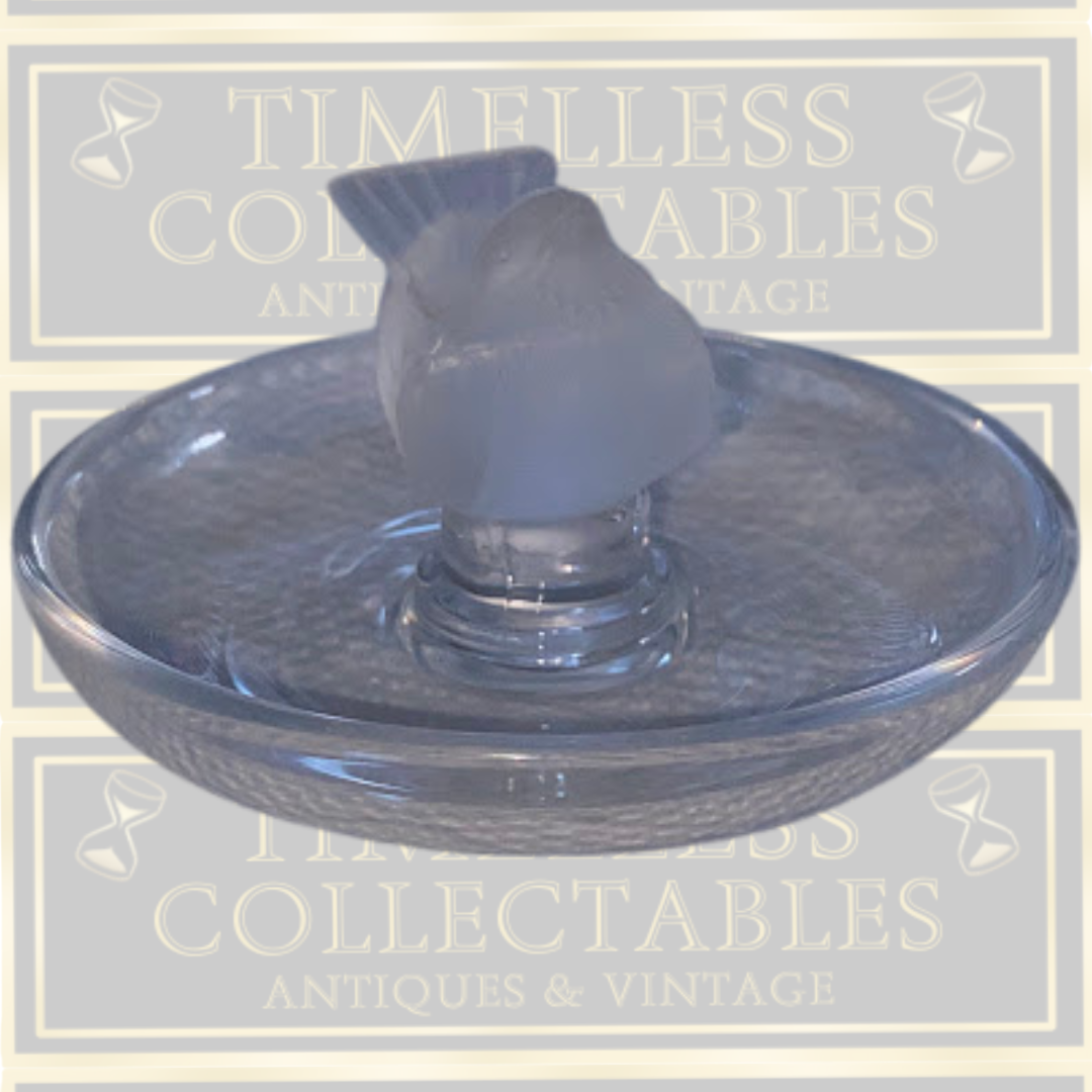 Vintage Lalique Clear & Frosted Crystal Finch Ring/Pin Tray