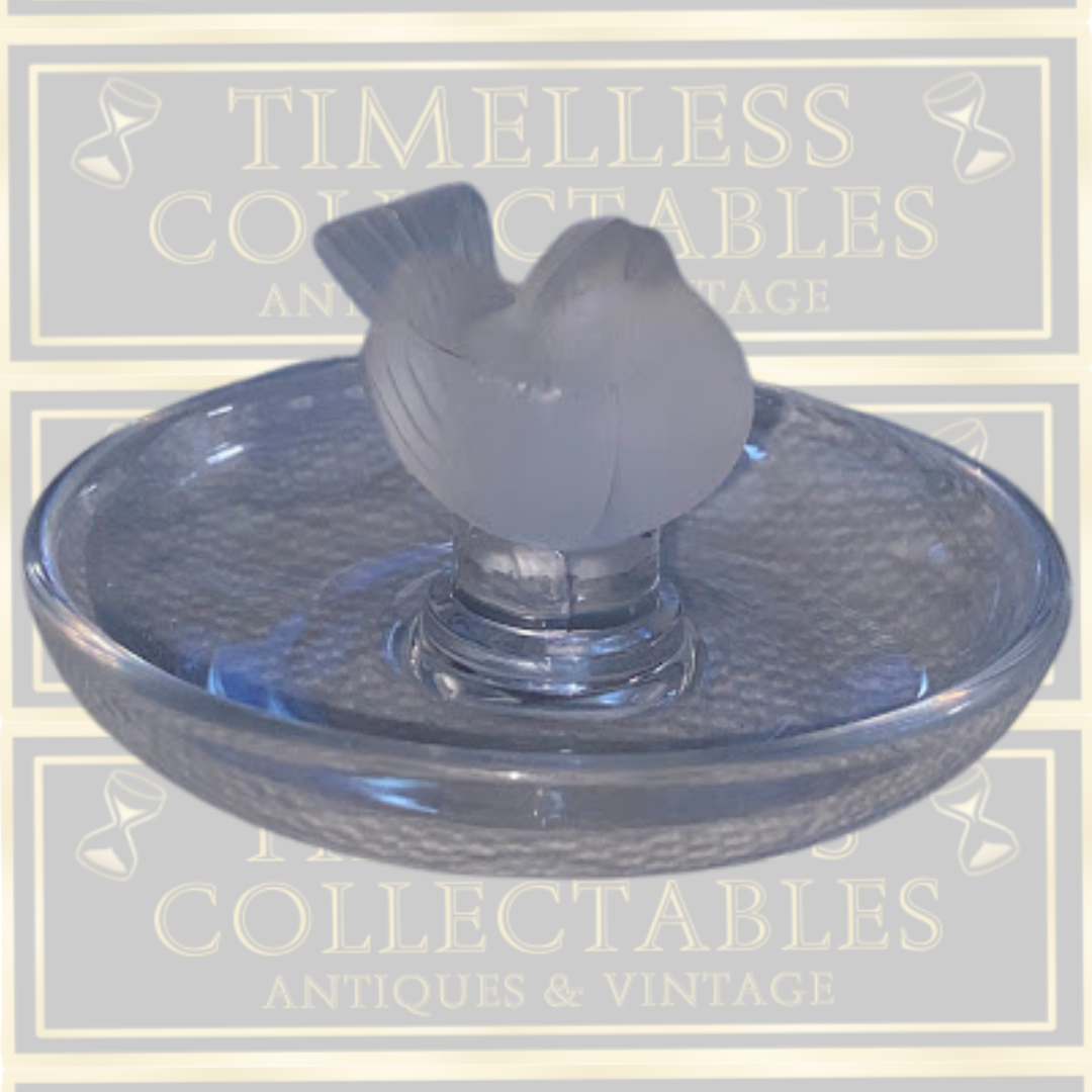 Vintage Lalique Clear & Frosted Crystal Finch Ring/Pin Tray