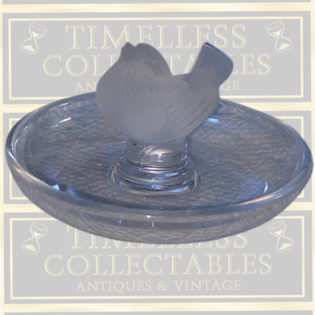 Vintage Lalique Clear & Frosted Crystal Finch Ring/Pin Tray