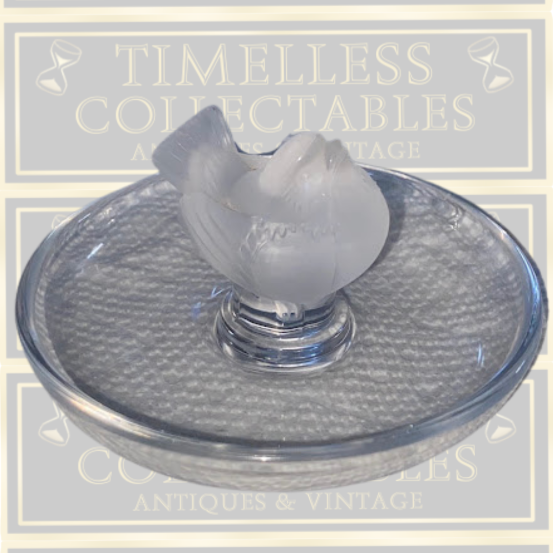 Vintage Lalique Clear & Frosted Crystal Finch Ring/Pin Tray
