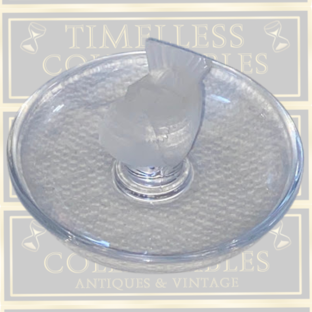 Vintage Lalique Clear & Frosted Crystal Finch Ring/Pin Tray