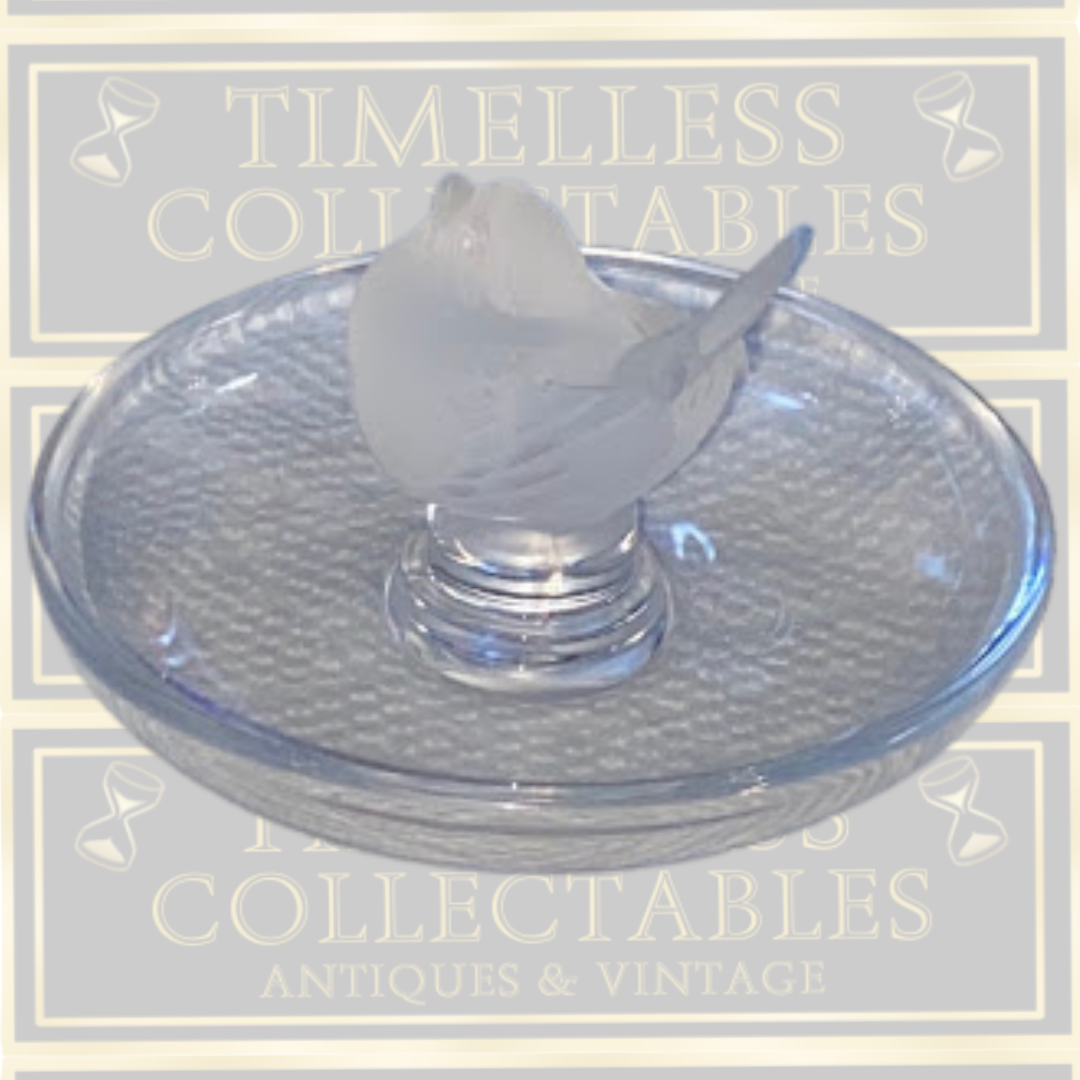 Vintage Lalique Clear & Frosted Crystal Finch Ring/Pin Tray