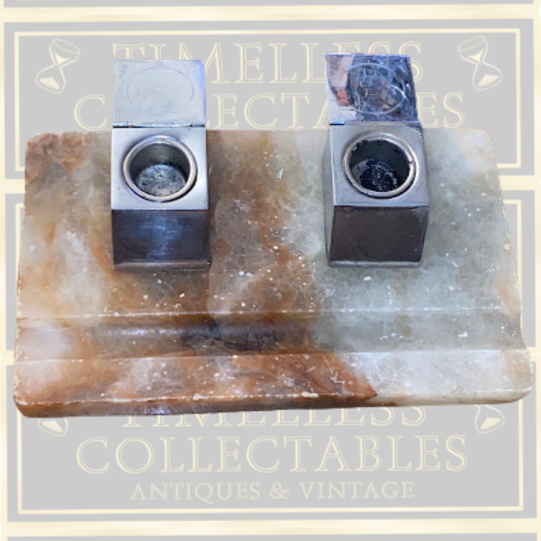 Art Deco 1930s Onyx Pen Rest With Double Inkwells Original Liners