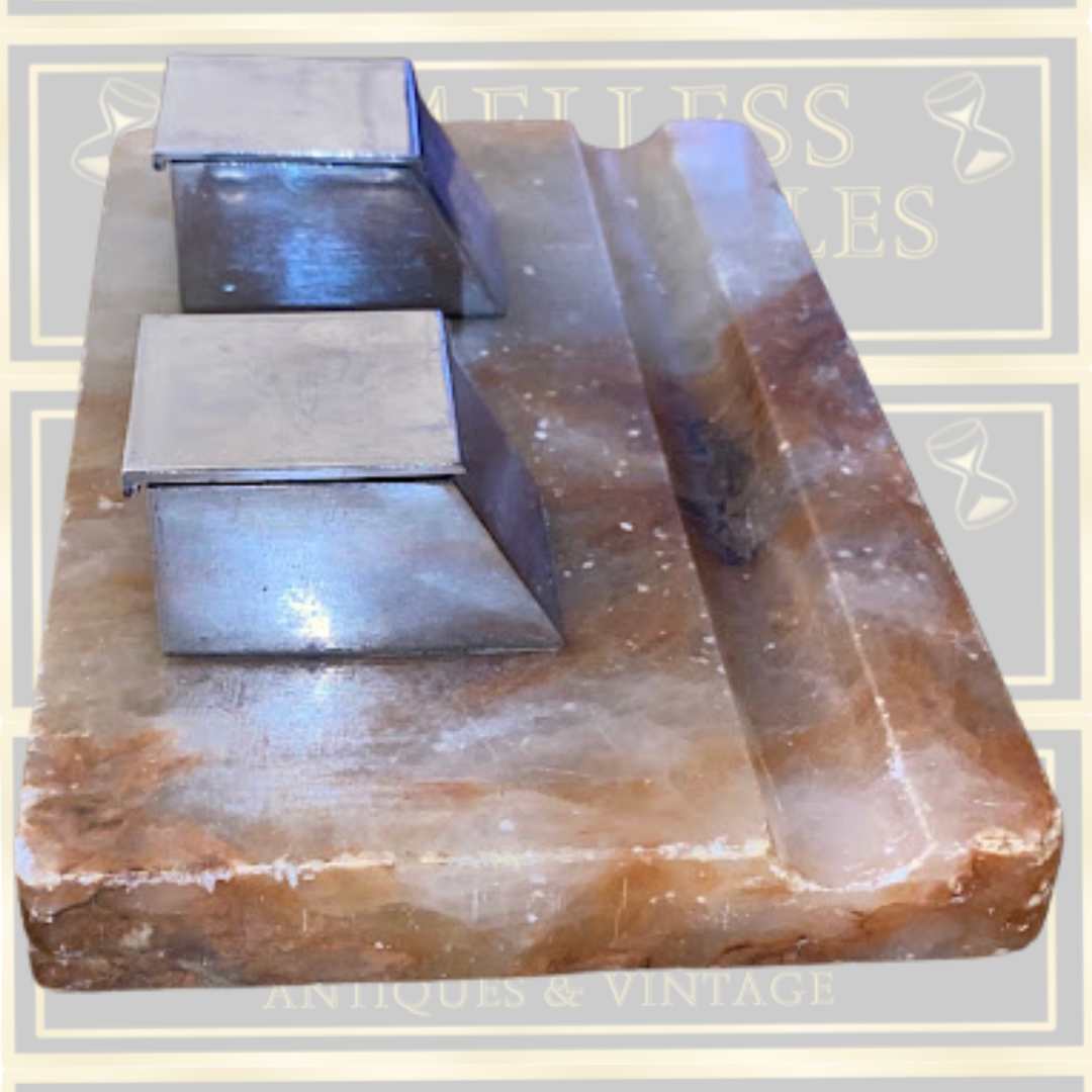 Art Deco 1930s Onyx Pen Rest With Double Inkwells Original Liners