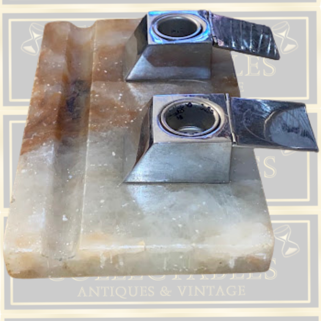 Art Deco 1930s Onyx Pen Rest With Double Inkwells Original Liners