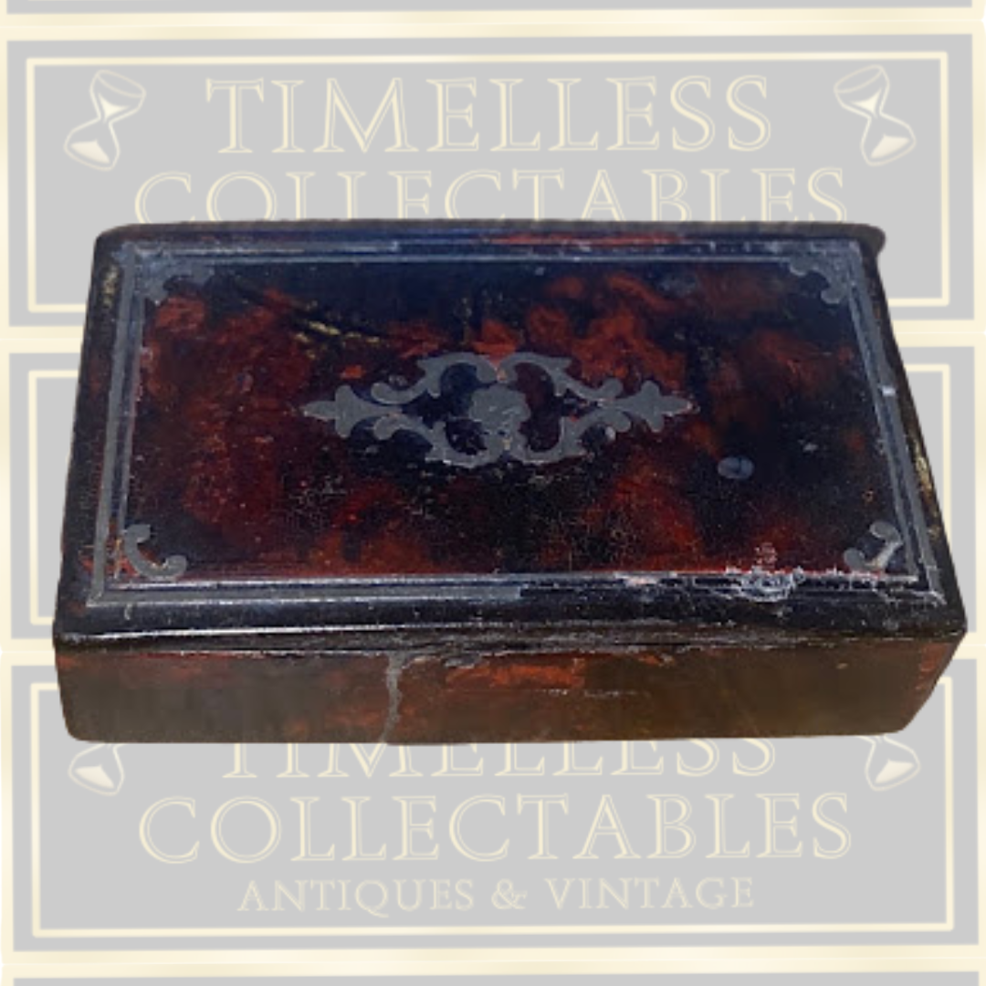 Antique 19th-Century Tortoiseshell Papier-Mâché Snuff Box Pewter Wire Inlay