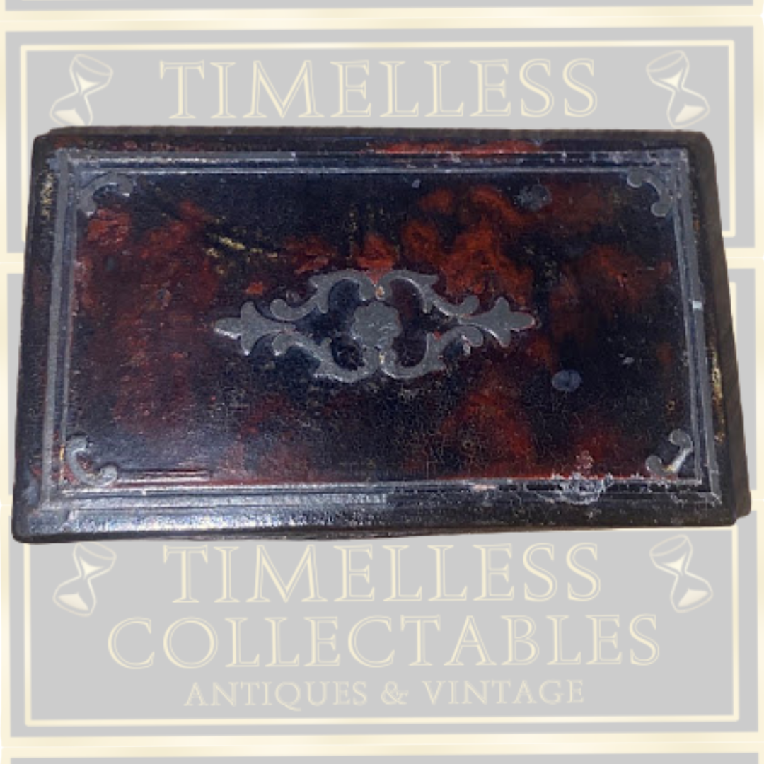 Antique 19th-Century Tortoiseshell Papier-Mâché Snuff Box Pewter Wire Inlay