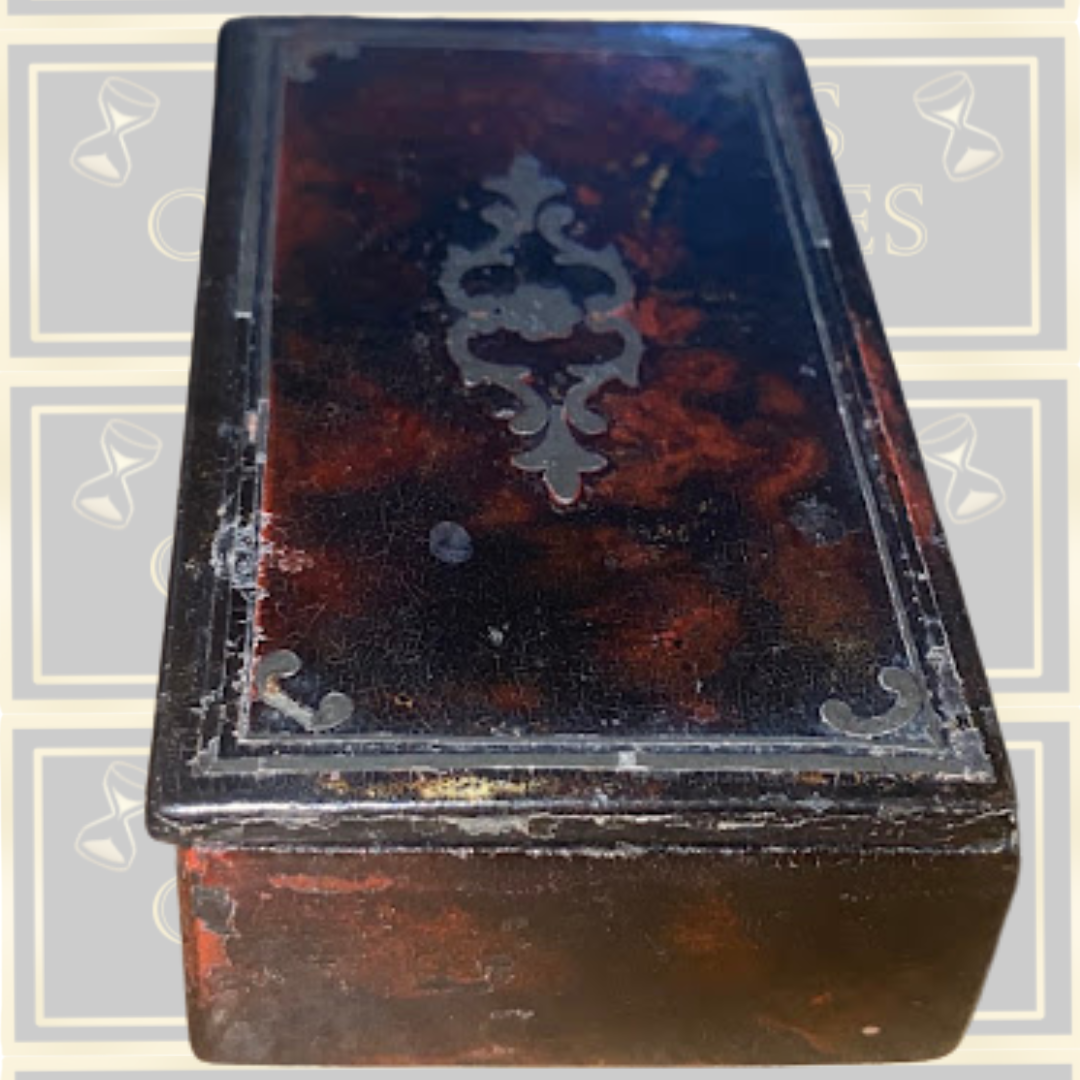 Antique 19th-Century Tortoiseshell Papier-Mâché Snuff Box Pewter Wire Inlay