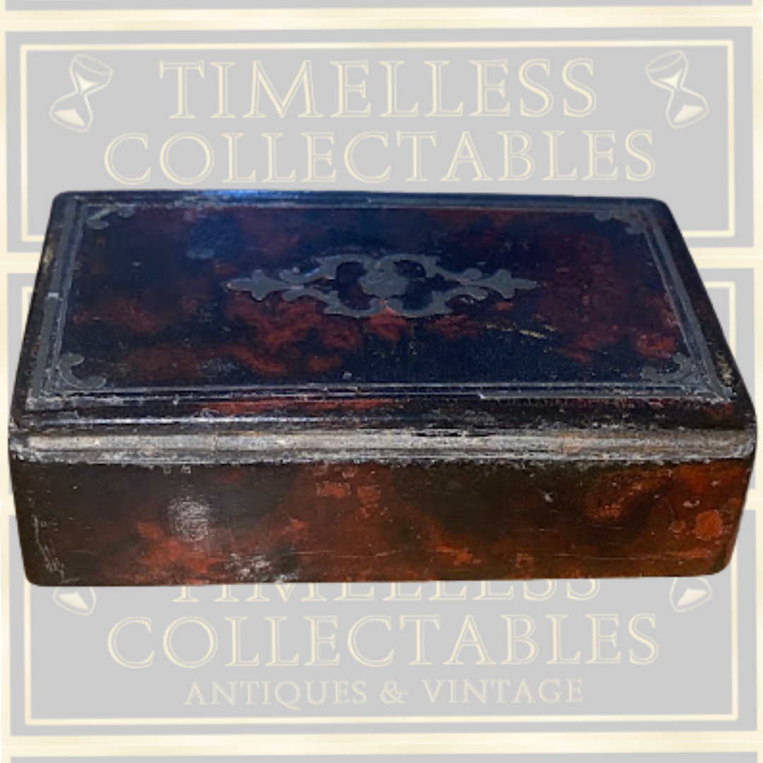 Antique 19th-Century Tortoiseshell Papier-Mâché Snuff Box Pewter Wire Inlay