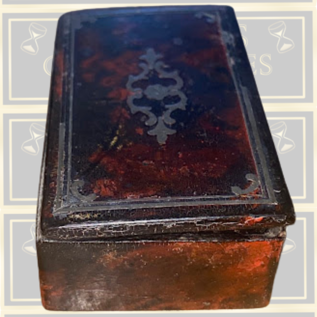 Antique 19th-Century Tortoiseshell Papier-Mâché Snuff Box Pewter Wire Inlay