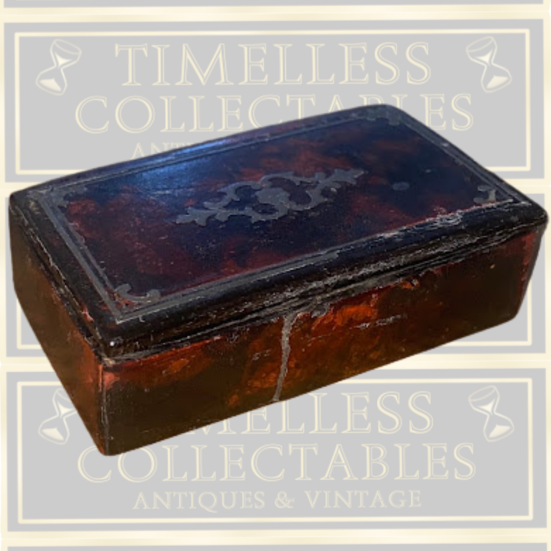 Antique 19th-Century Tortoiseshell Papier-Mâché Snuff Box Pewter Wire Inlay