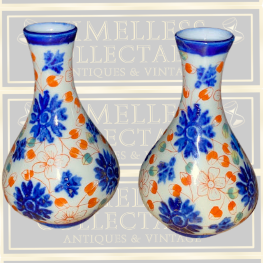 Antique Pair Bulbous Bottle Ceramic Imari-style Vases