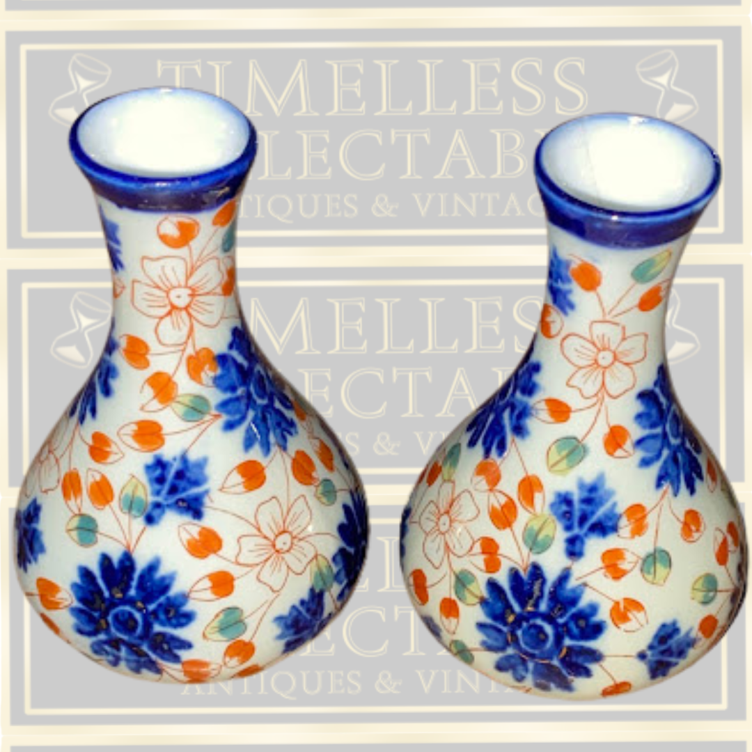 Antique Pair Bulbous Bottle Ceramic Imari-style Vases