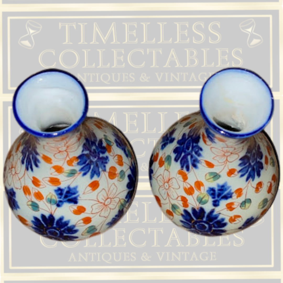 Antique Pair Bulbous Bottle Ceramic Imari-style Vases