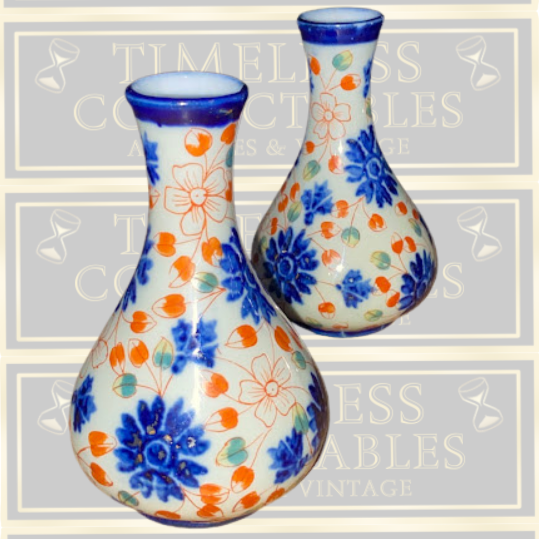 Antique Pair Bulbous Bottle Ceramic Imari-style Vases
