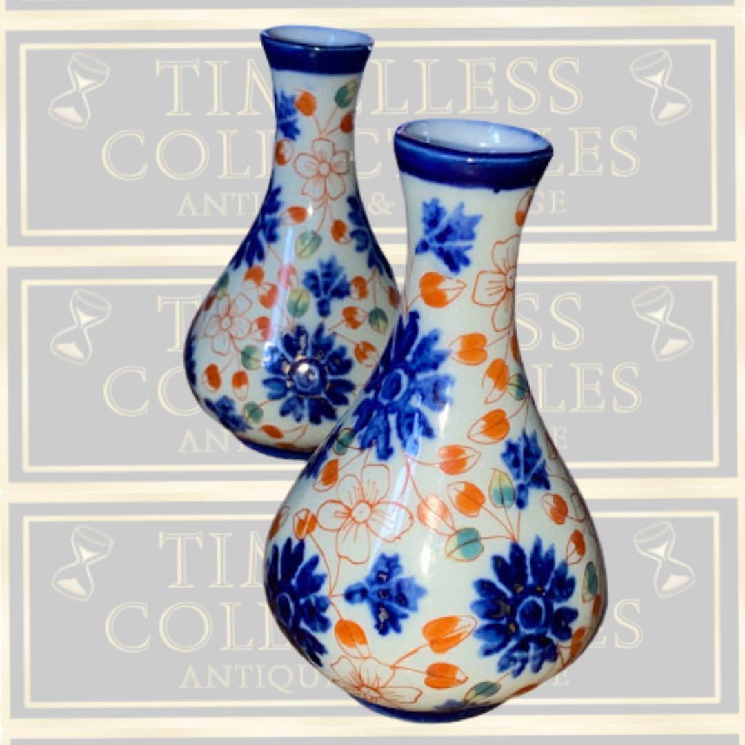 Antique Pair Bulbous Bottle Ceramic Imari-style Vases