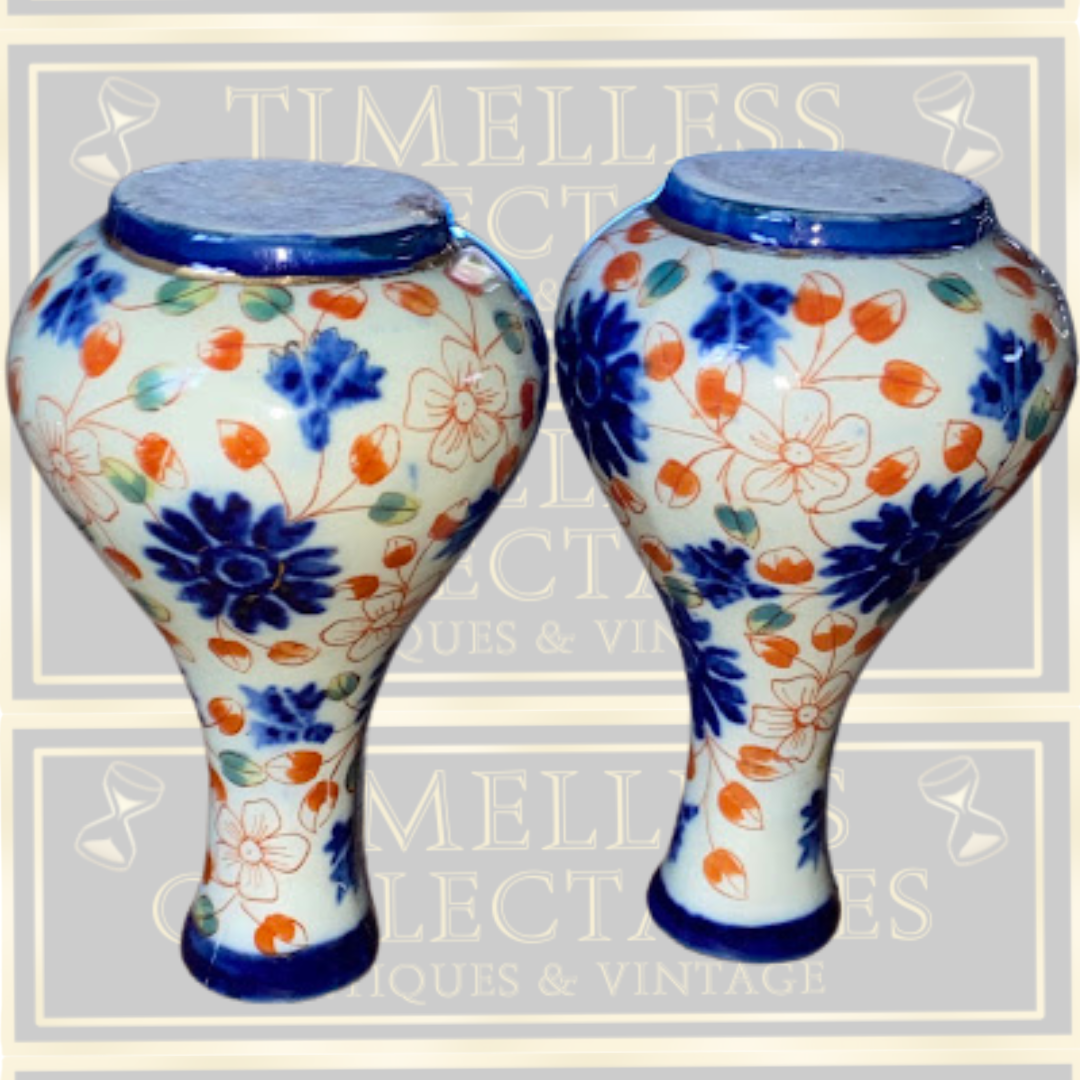 Antique Pair Bulbous Bottle Ceramic Imari-style Vases