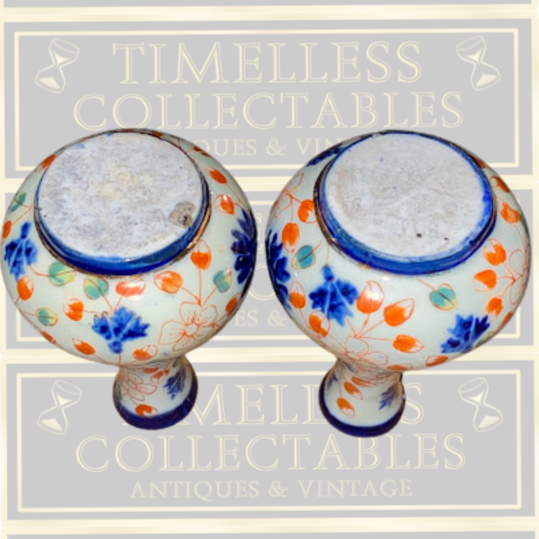 Antique Pair Bulbous Bottle Ceramic Imari-style Vases
