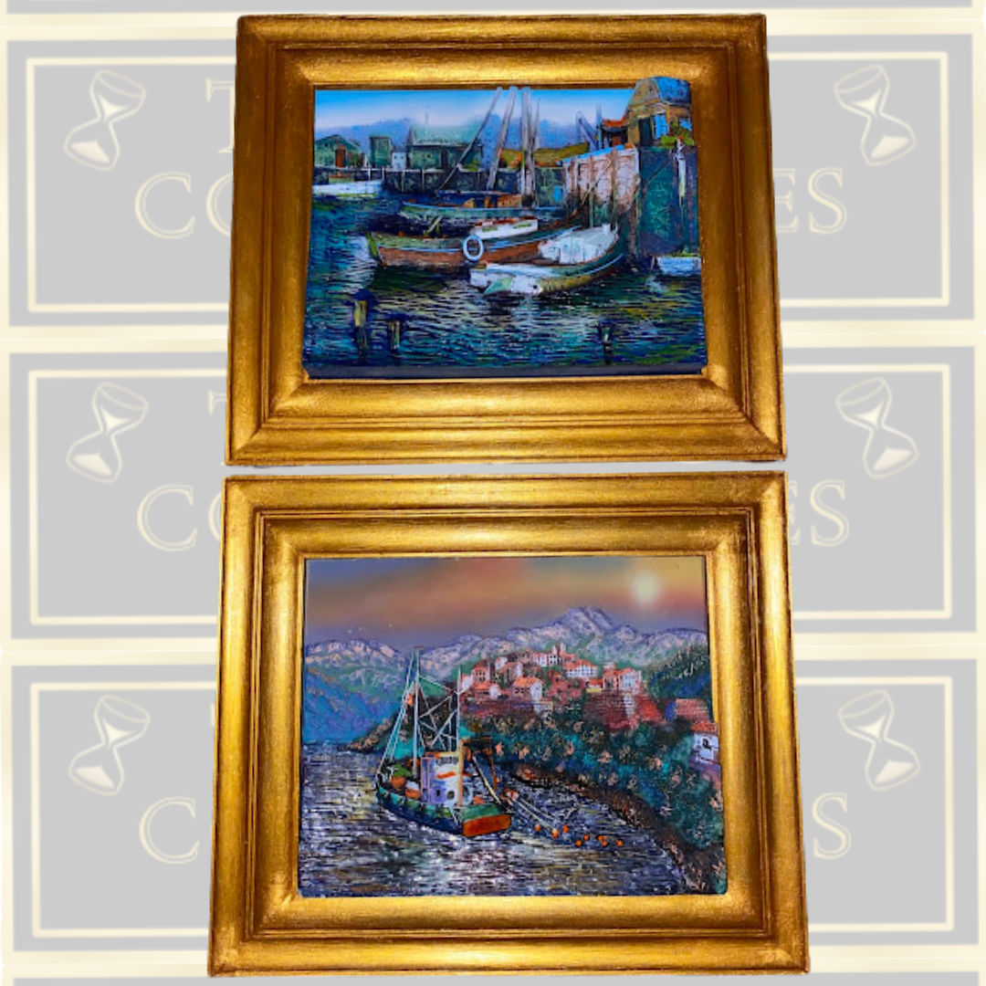 Vintage Mediterranean Harbor Relief Art Plaques