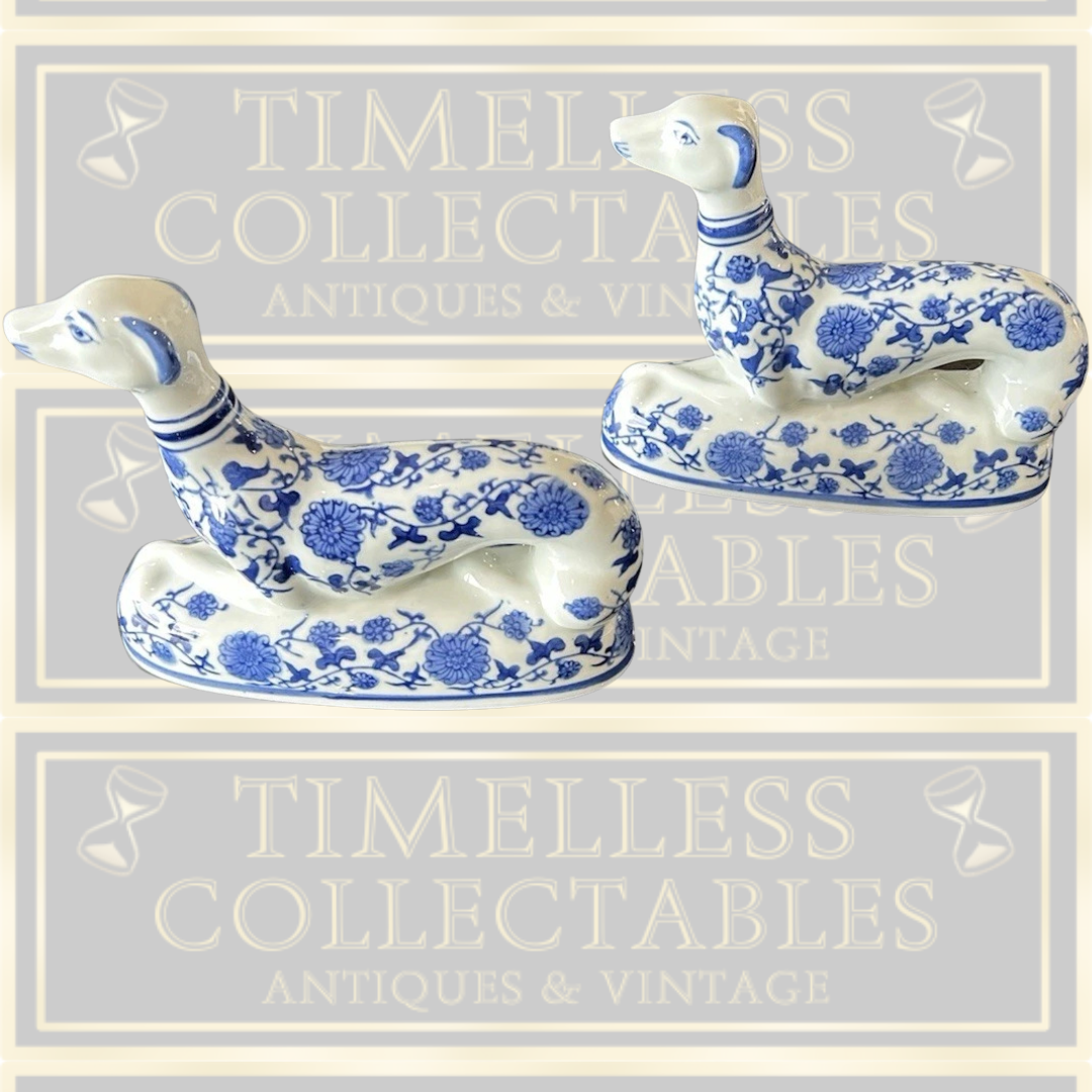 Vintage Pair Chinoiserie Porcelain Greyhound Delfts Style Dogs