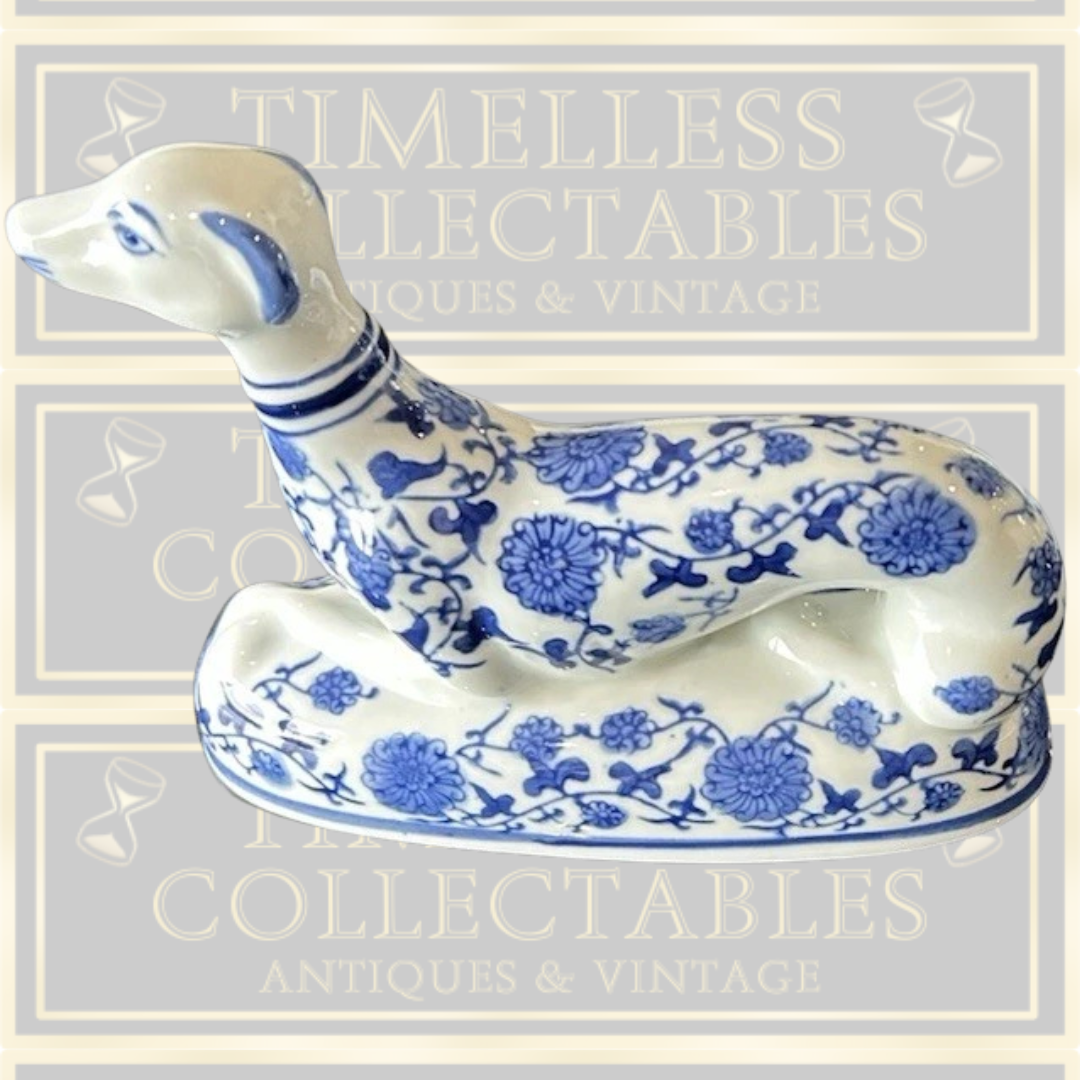 Vintage Pair Chinoiserie Porcelain Greyhound Delfts Style Dogs