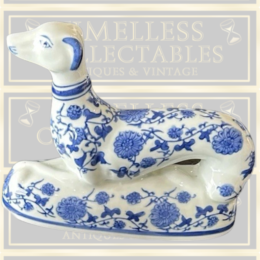 Vintage Pair Chinoiserie Porcelain Greyhound Delfts Style Dogs