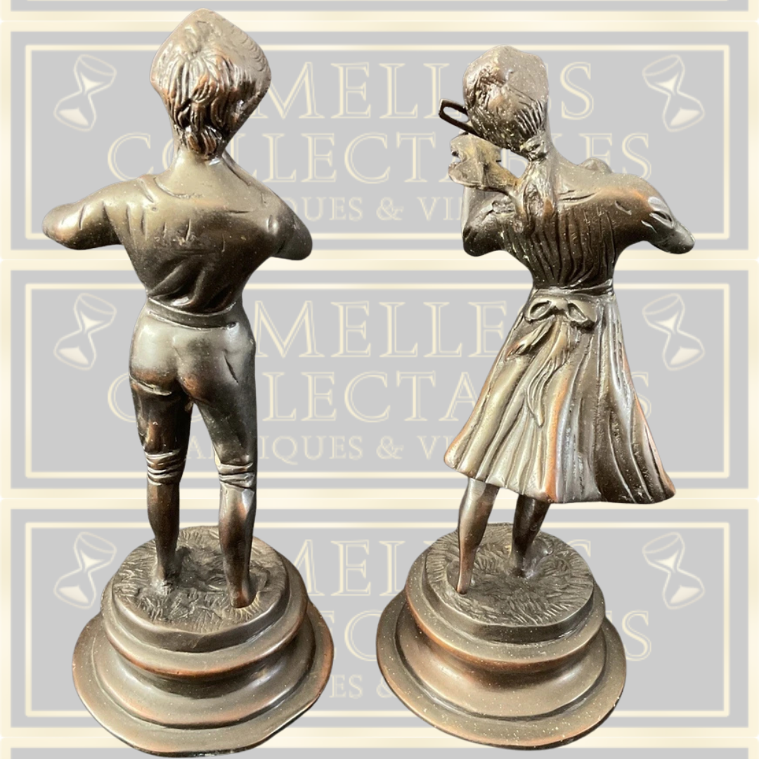 Vintage Pair Bronze Figures Boy With Flute / Girl With Violin
