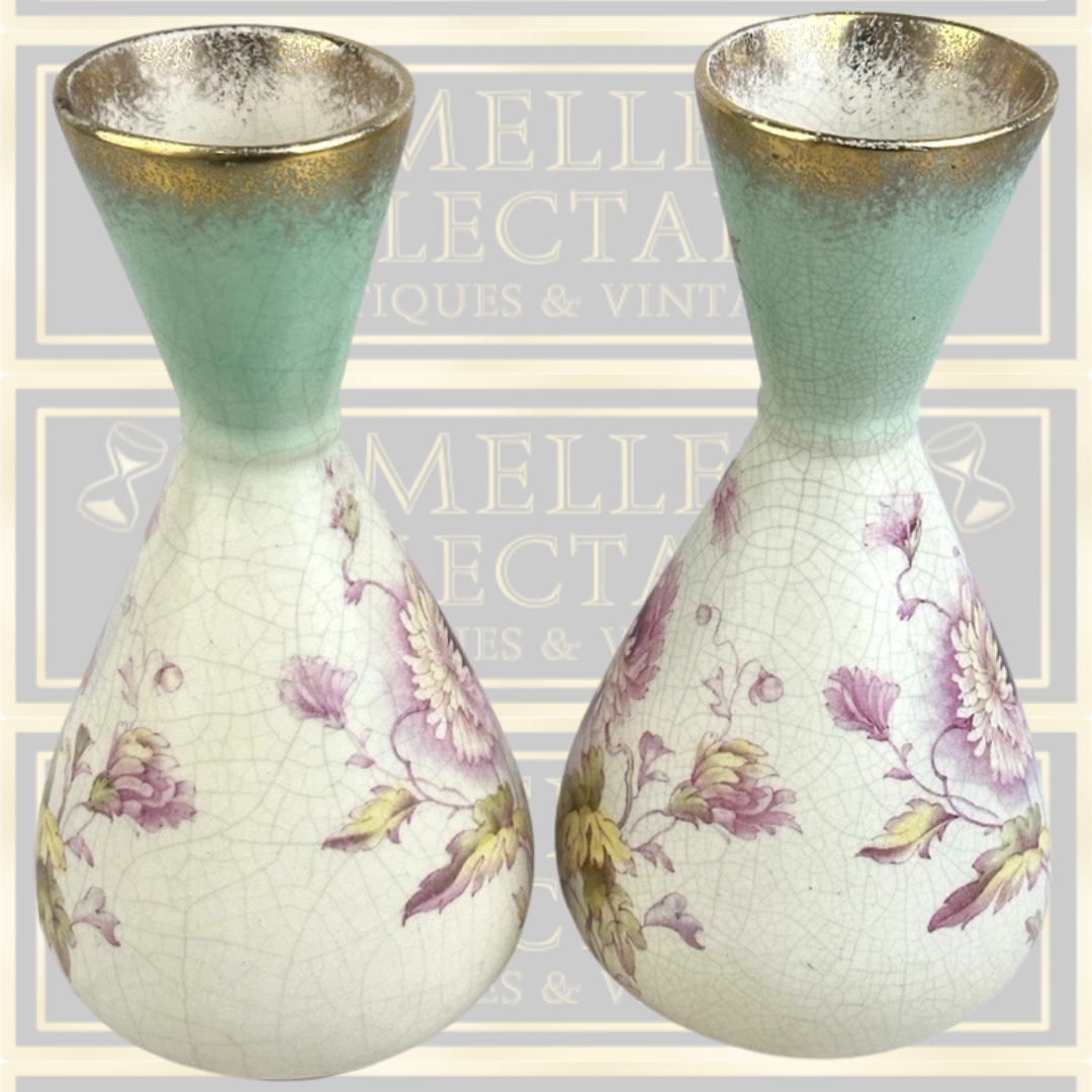 Antique Pair Hand Painted Floral Bud Vases