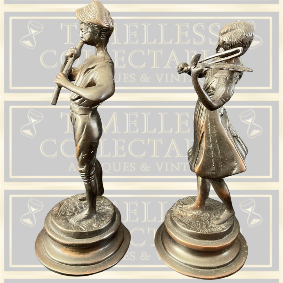 Vintage Pair Bronze Figures Boy With Flute / Girl With Violin