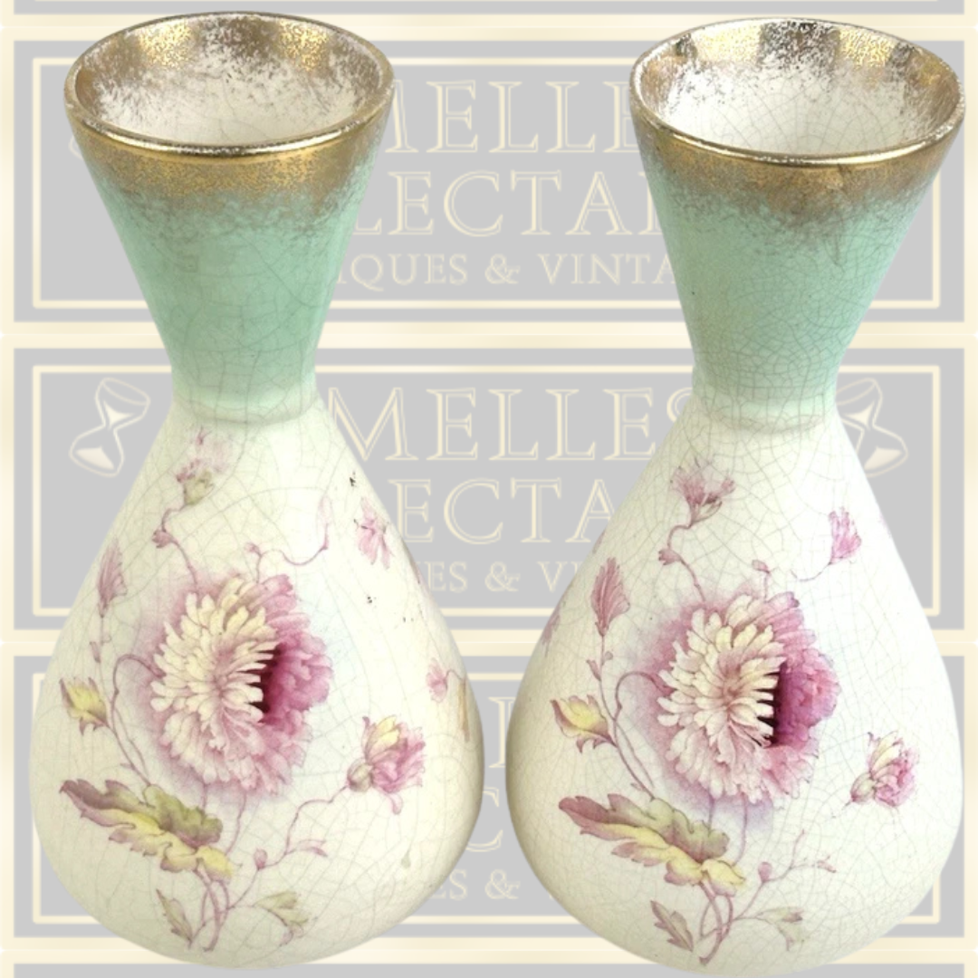 Antique Pair Hand Painted Floral Bud Vases