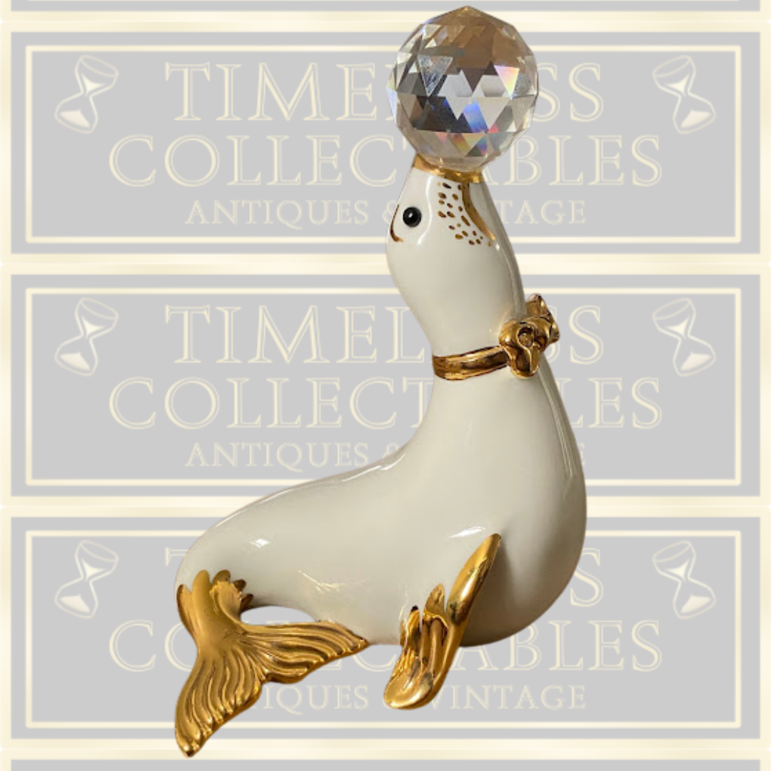 Vintage Capodimonte White Porcelain Seal Swarovski Crystal Ball.