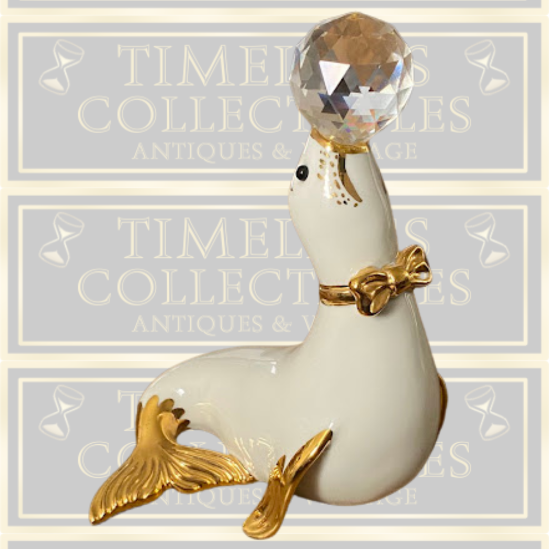 Vintage Capodimonte White Porcelain Seal Swarovski Crystal Ball.