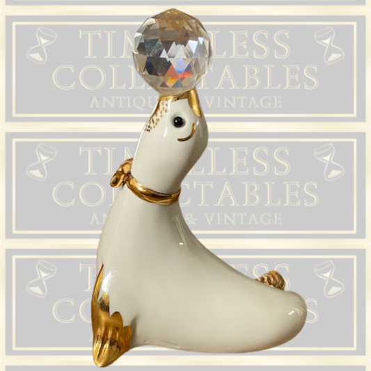 Vintage Capodimonte White Porcelain Seal Swarovski Crystal Ball.