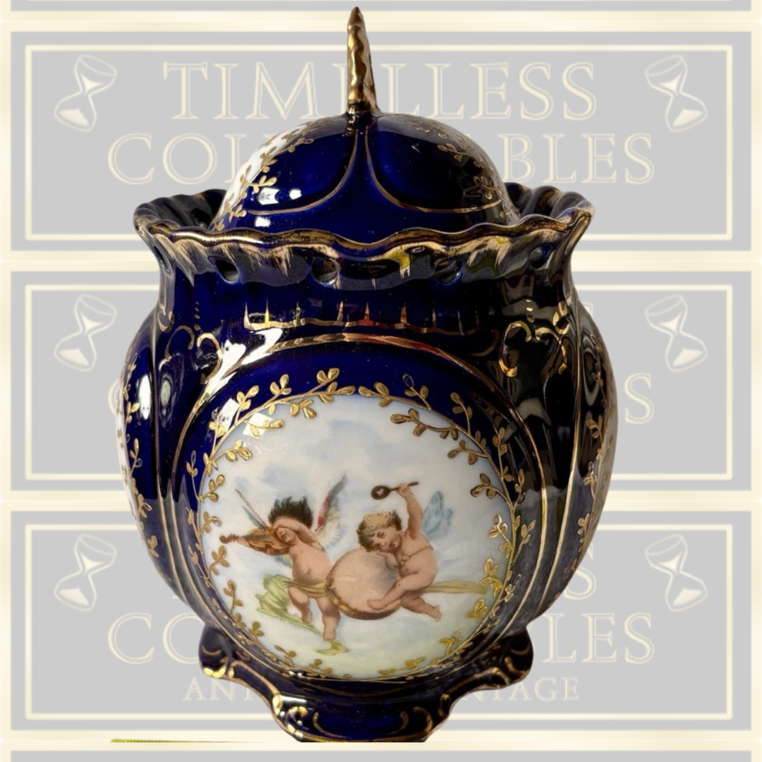 Antique Austrian Hand Painted Cherubs Lidded Urn/Canister