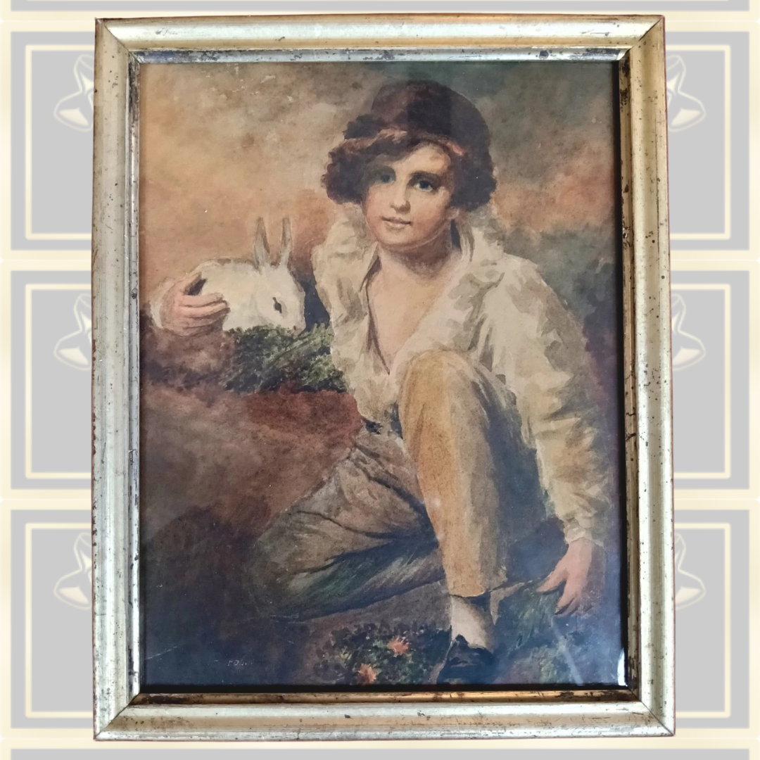 Antique Watercolor Painting Boy with Rabbit