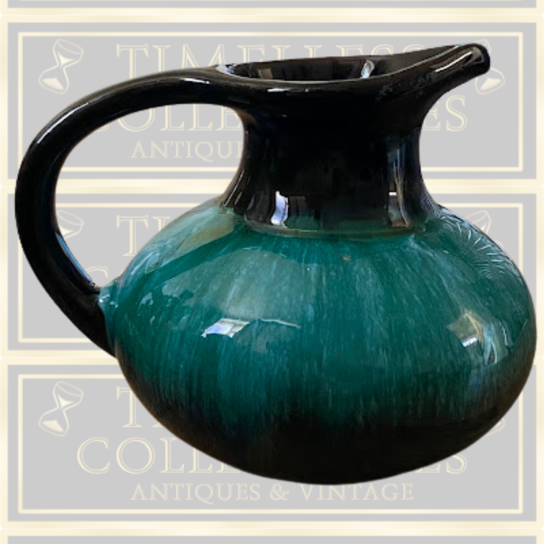 Blue Mountain Pottery Pitcher Green Black Iridescent Drip Glaze