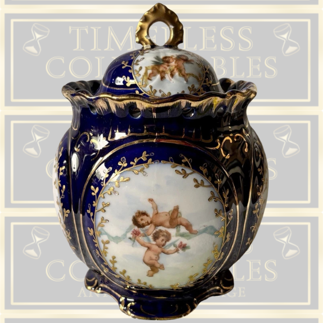 Antique Austrian Hand Painted Cherubs Lidded Urn/Canister