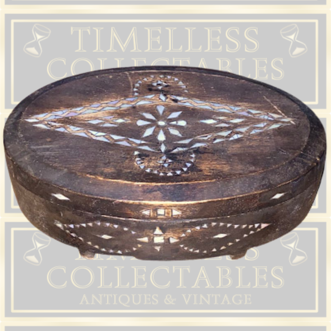 Vintage Hand-Carved Wooden Box Mother-of-Pearl Inlay