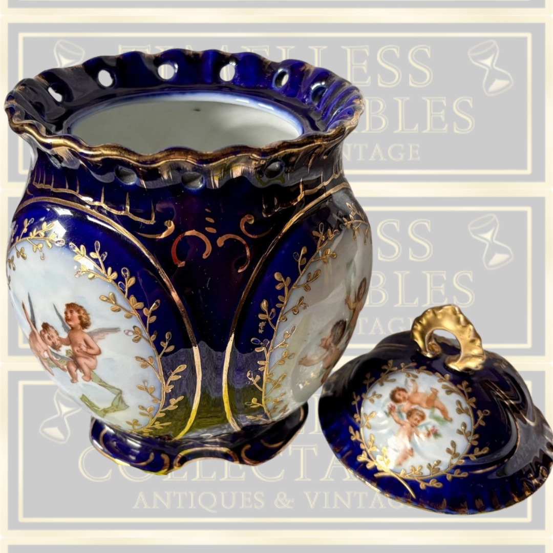 Antique Austrian Hand Painted Cherubs Lidded Urn/Canister