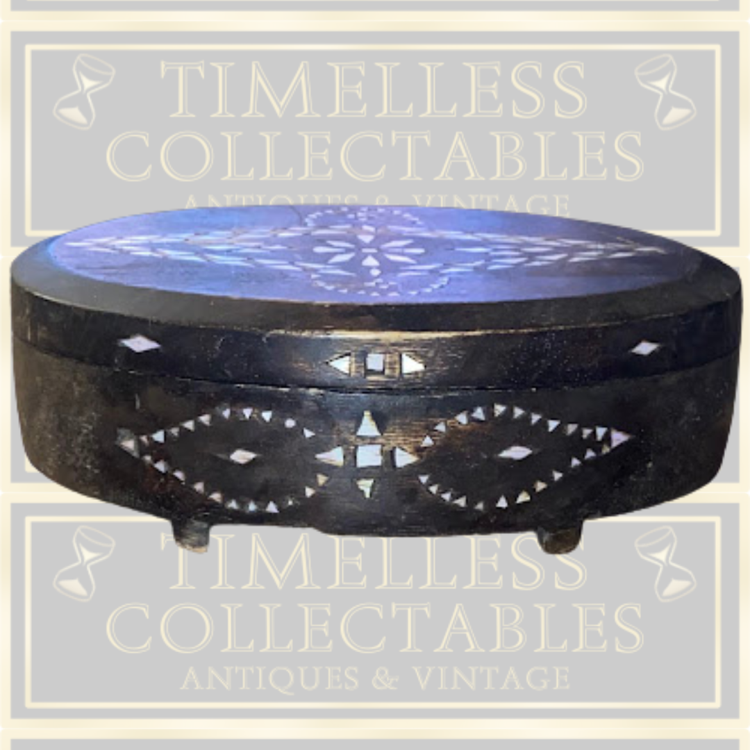 Vintage Hand-Carved Wooden Box Mother-of-Pearl Inlay