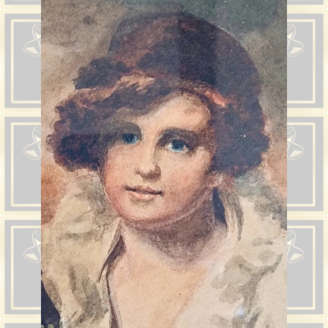 Antique Watercolor Painting Boy with Rabbit