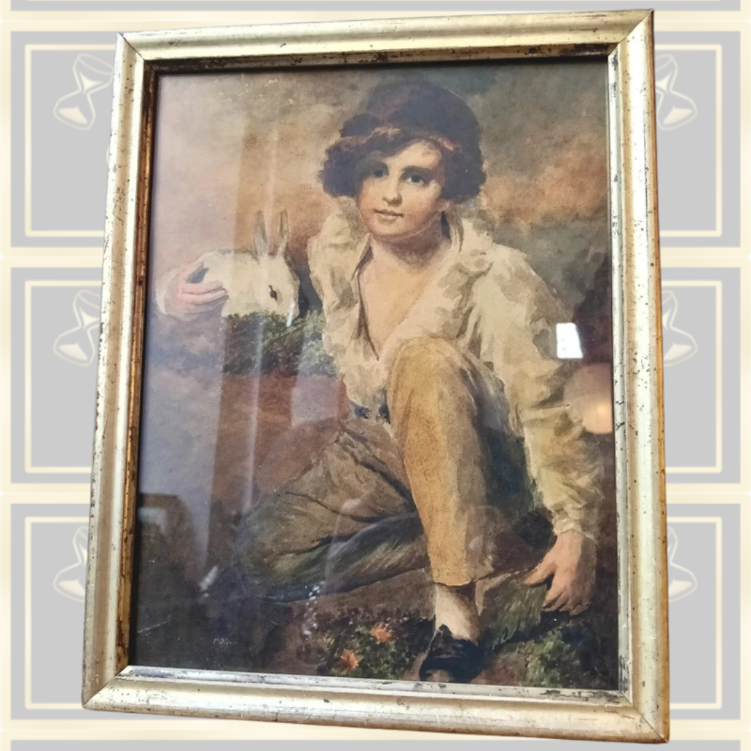 Antique Watercolor Painting Boy with Rabbit