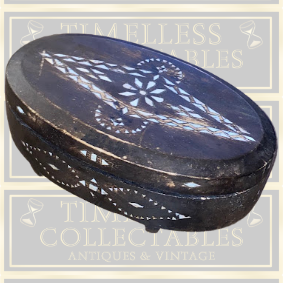 Vintage Hand-Carved Wooden Box Mother-of-Pearl Inlay