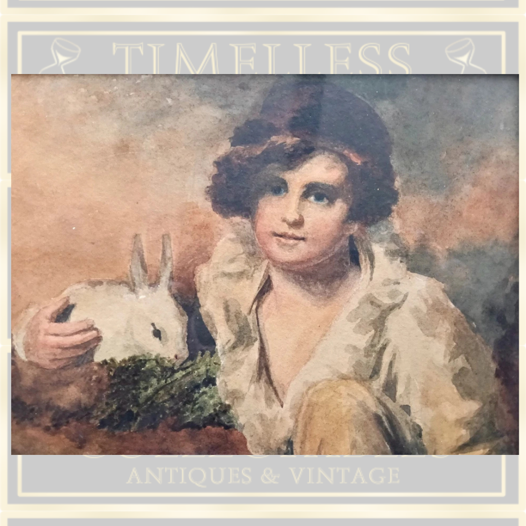 Antique Watercolor Painting Boy with Rabbit