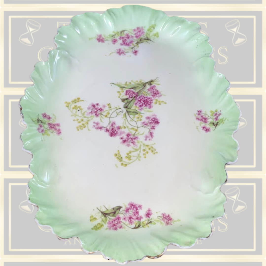 Vintage Limoges Pink Floral Green & Gold Vanity Tray