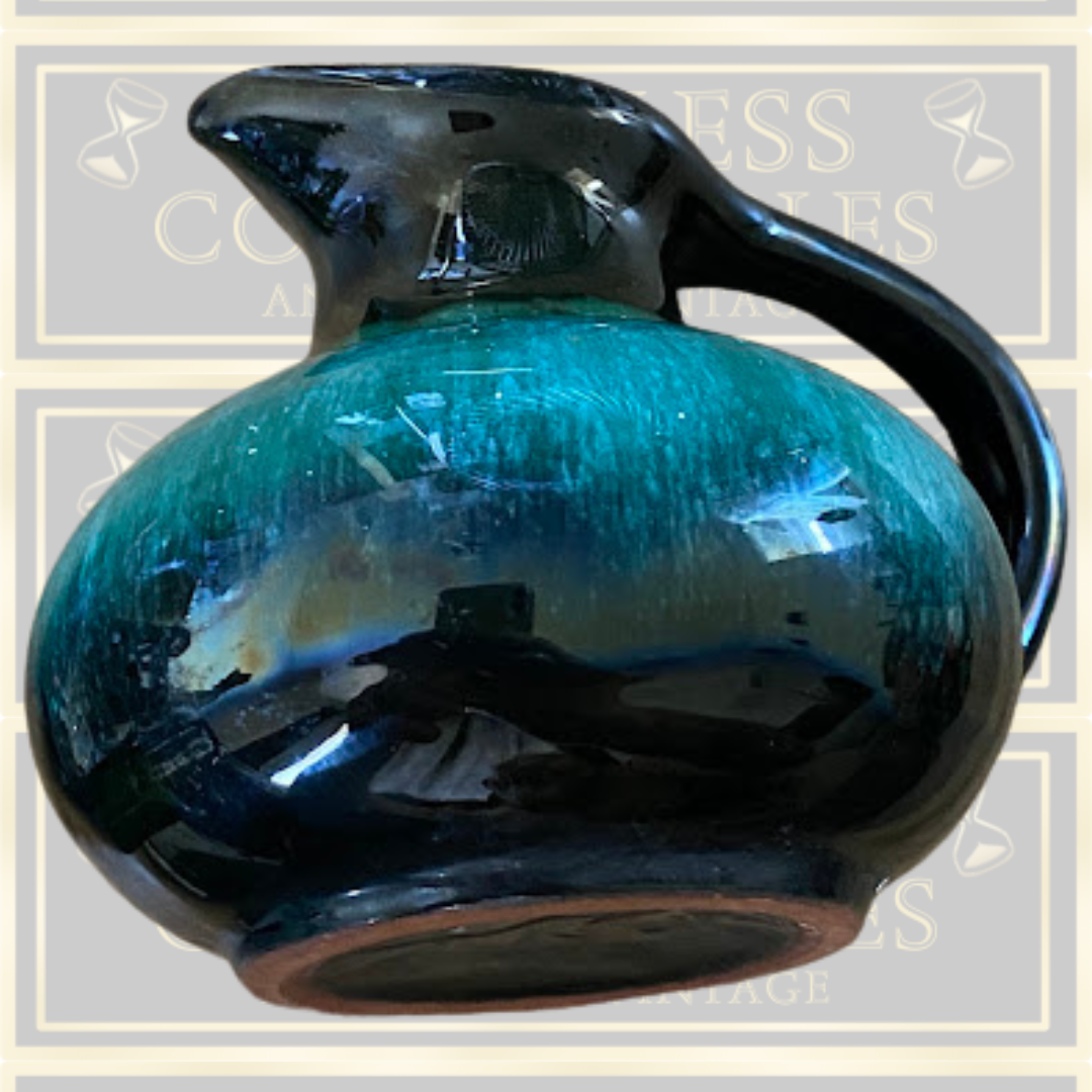 Blue Mountain Pottery Pitcher Green Black Iridescent Drip Glaze