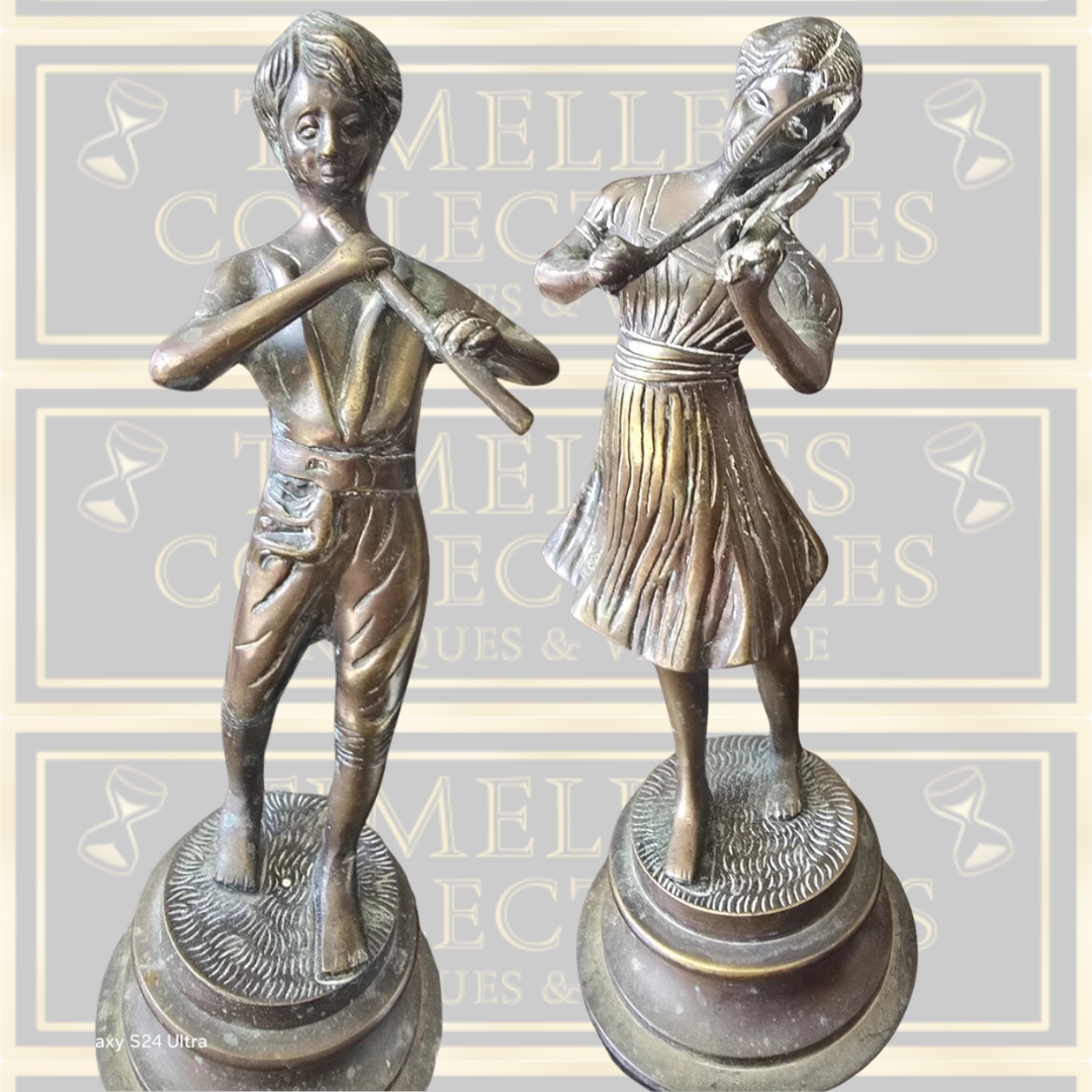 Vintage Pair Bronze Figures Boy With Flute / Girl With Violin